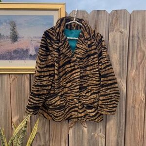 zebra printed faux fur fleece pea coat vintage black and brown